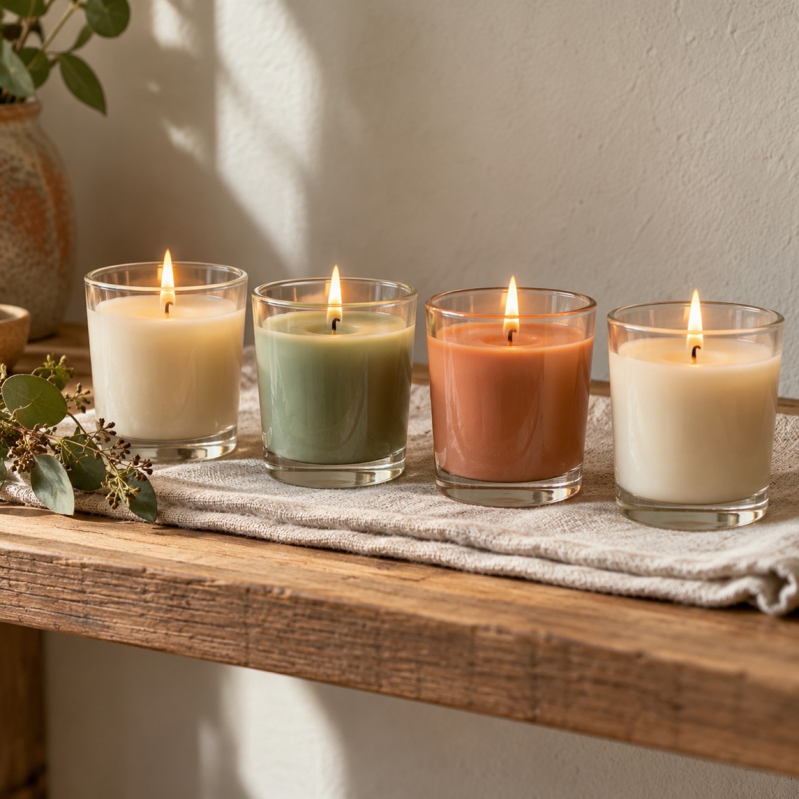 Four small tea light candles in clear glass holders on a shelf