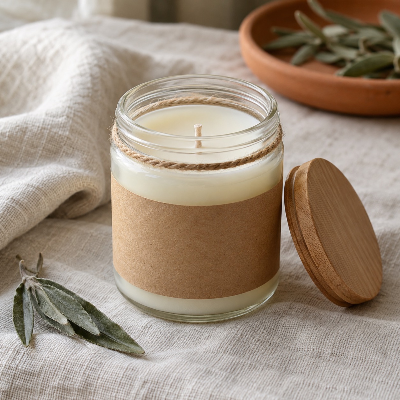 A lit soy jar candle with a centered wick on a kitchen counter