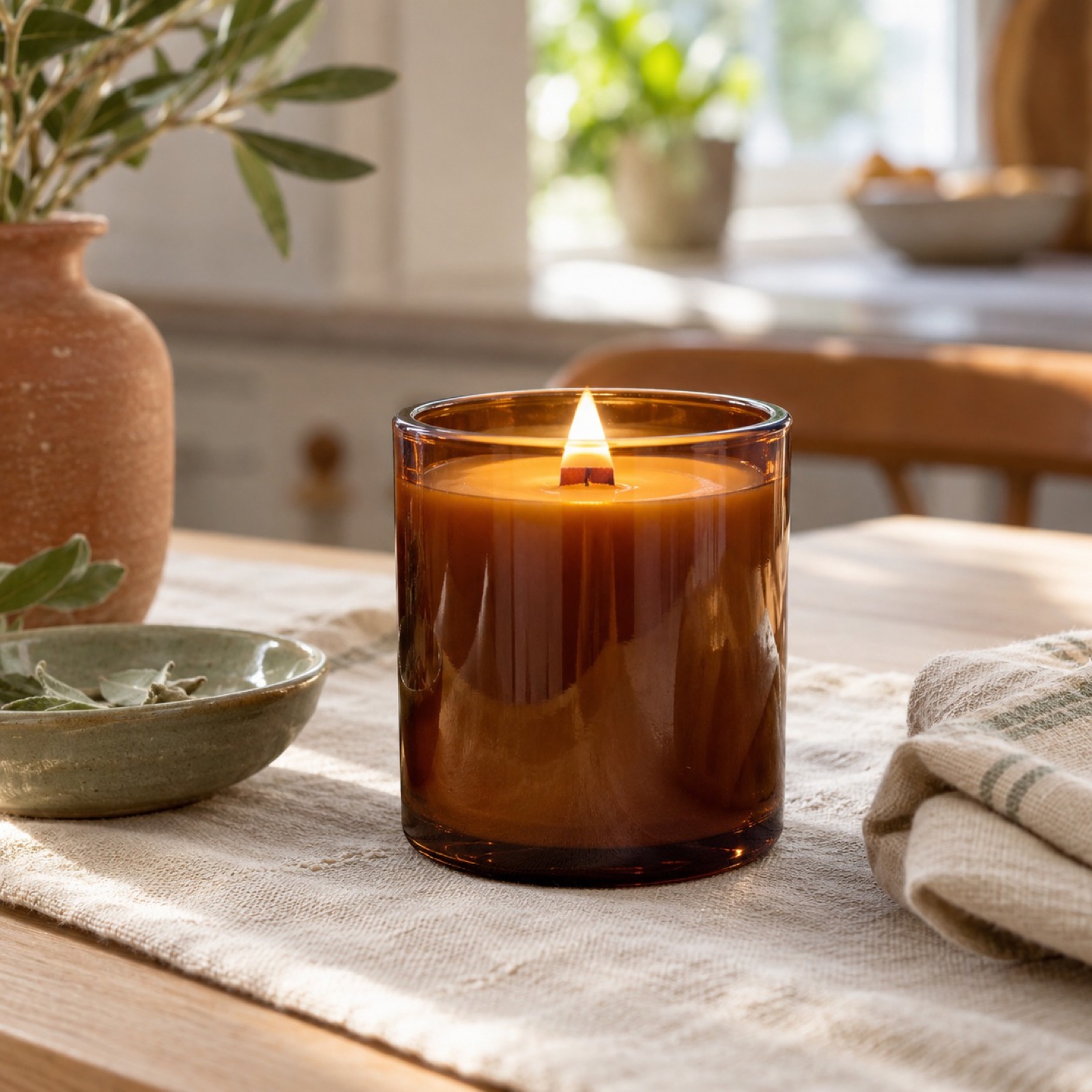 A wooden wick candle burning in a glass jar on a cozy side table
