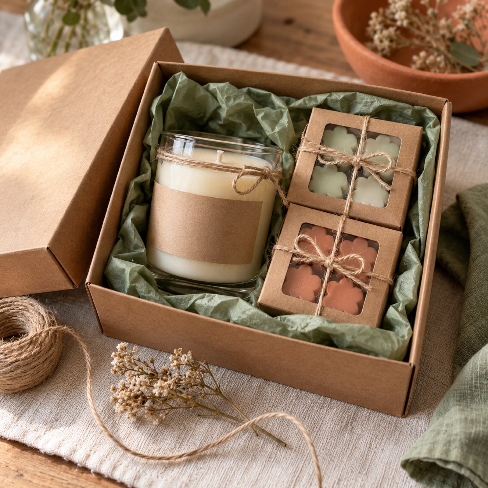 A candle gift set in a labeled box tied with ribbon