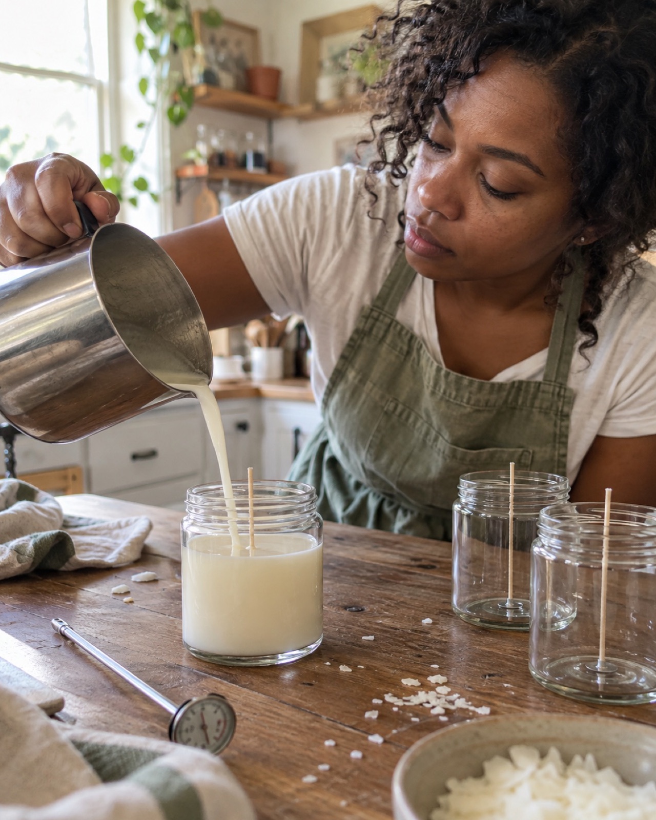 A woman pouring melted wax into a jar at a sunny kitchen table with a cup of tea