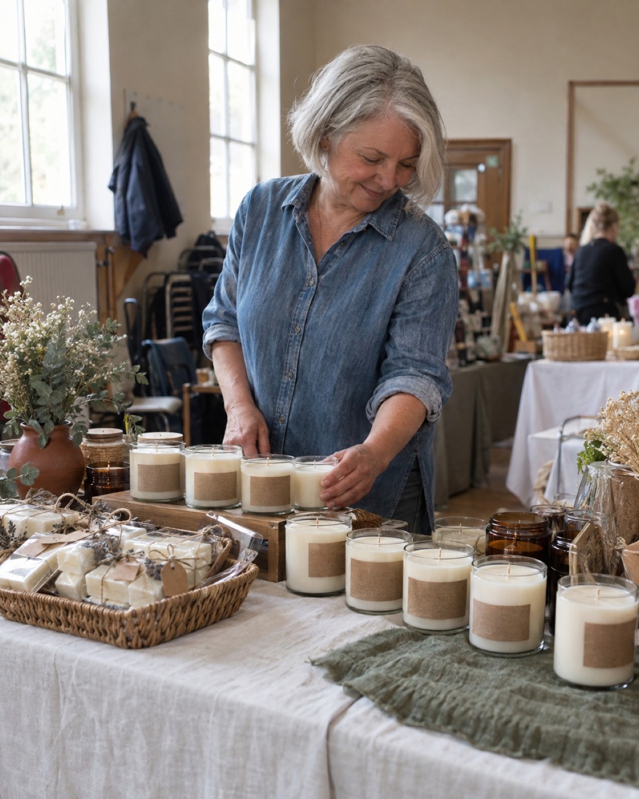 Woman arranging small jar candles with labels on a market table