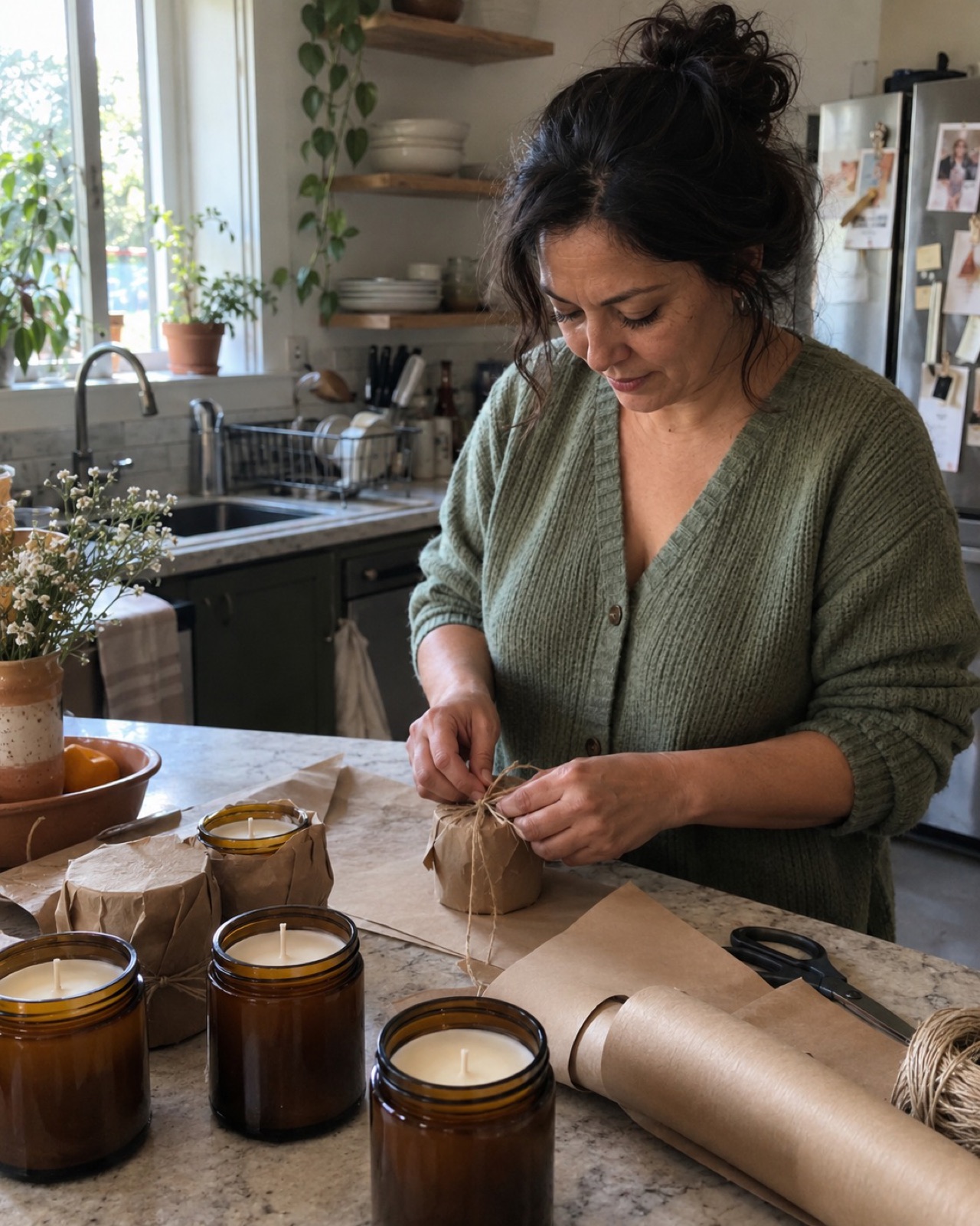 Wrapping a small soy jar candle in kraft paper, ready to sell
